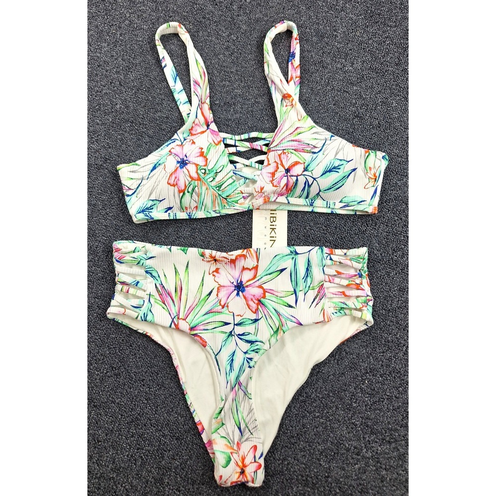 TiniBikini Hawaii Tropical‎ Floral Ribbed High Waist Bikini Set White Large NEW